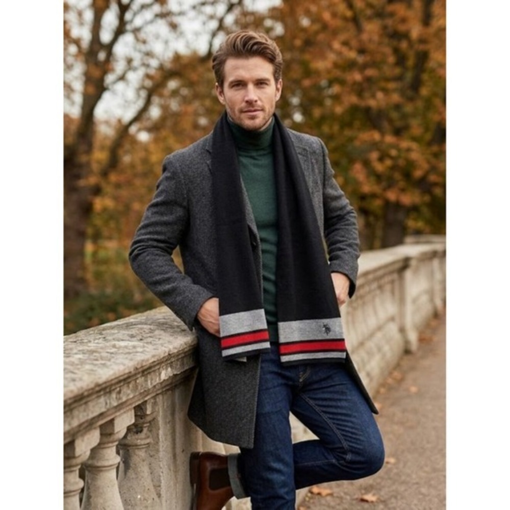 US POLO ASSN Mens Black Acrylic Scarf With Red Gray Stripe Accent